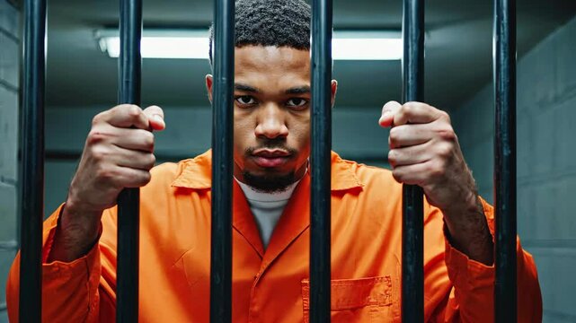 Black male prisoner in orange jumpsuit grips black metal bars of his jail cell. Inmate wearing prison uniform in jail cell. Concept of crime, incarceration, justice and legal system
