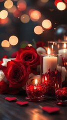 Romantic candlelight arrangement featuring red roses and decorative elements for a cozy evening atmosphere