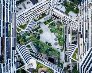 Aerial view of interlace condominium surrounded by greenery and modern architecture, Bukit Merah, South West Community Development Council, Singapore.