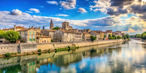 Fototapeta premium Serene riverside scene with old stone buildings and a gentle river flow