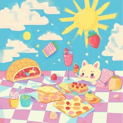 An illustrated summery picnic scene with food and cheerful ambiance