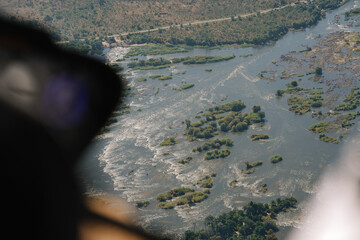 View from helicopter flying towards Victoria Falls between Zambia and Zimbabwe, Africa
