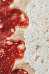 Obraz premium Close Up of Pizza Dough with Tomato Sauce and Topping