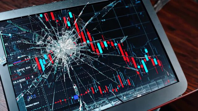 Broken computer monitor with shattered screen displays financial stock market crash with a red downward trend line. Concept of financial crisis, stock market decline and economic instability