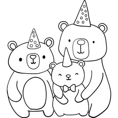Bear birthday theme, Cute cartoon bears wearing party hats, celebrating together in a joyful scene. Outline for coloring .
