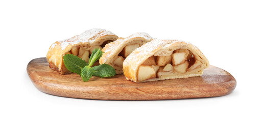 Pieces of tasty apple strudel with powdered sugar and mint isolated on white