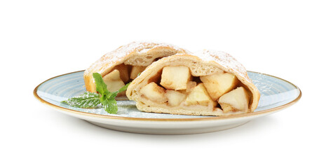 Pieces of tasty apple strudel with powdered sugar and mint isolated on white