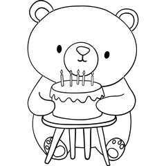 Bear birthday theme, Cute bear holding a birthday cake with candles, perfect for children's illustrations. Outline for coloring .