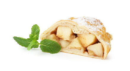 Piece of tasty apple strudel with powdered sugar and mint isolated on white