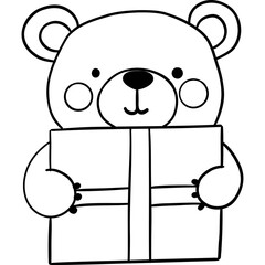 Bear birthday theme, Cute bear holding a gift, perfect for children's themes or holiday illustrations. Outline for coloring .