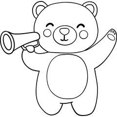 Bear birthday theme, Cute bear character holding a megaphone and smiling cheerfully. Outline for coloring .