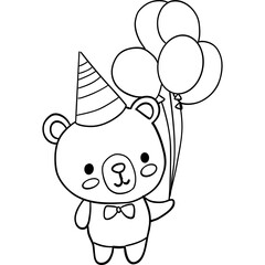 Bear birthday theme, Cute bear holding balloons, wearing a party hat and bow tie. Outline for coloring .