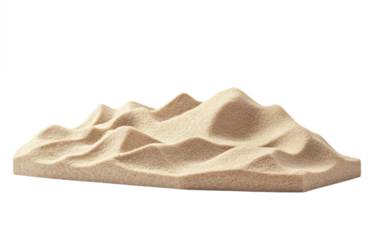 A miniature landscape featuring a textured beige mountain range against a plain white background in a studio shot