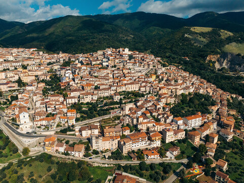 Aerial view of medieval old town with historic architecture and beautiful landscape, Padula, Salerno, Italy.