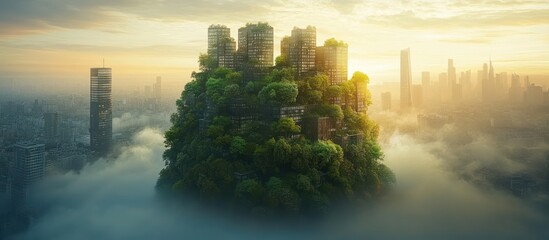 Fototapeta premium Floating Eco-City Over a Misty Metropolis.