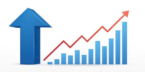 Business development and dynamic growth for success. Visual representation of growth with upward arrows and bar graphs in blue and red colors.