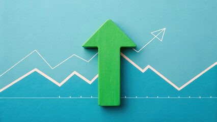 Obraz premium Business development and dynamic growth for success. Green arrow symbolizing growth against a blue background with graph lines.