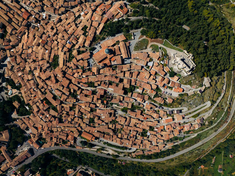 Aerial view of the historic village of Morano Calabro with beautiful rooftops on a hill, Cosenza, Italy.