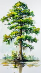 Beautiful Louisiana Bald Cypress Tree on Bright White Background with Watercolor Effect