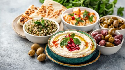 Middle Eastern dishes including hummus, olives, and pita on a rustic table setting.