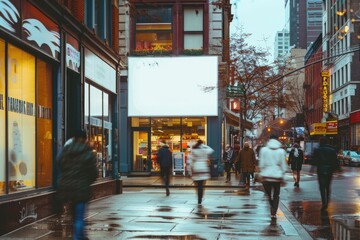 Blank storefront sign mockup on a busy city shopping street. MZ 