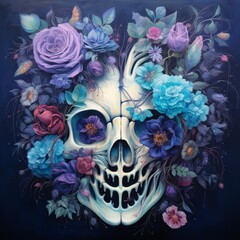 Beautiful Painting with Anatomical Details of a Human Brain and Mysterious Blue and Purple Flowers