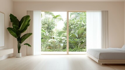 Fototapeta premium Minimalist bedroom with large window and lush greenery outside, creating a serene and inviting atmosphere.