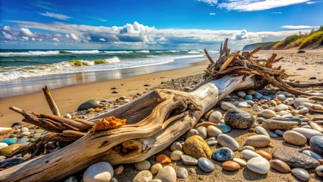 Sandy shoreline treasure trove, driftwood, beach stones,  driftwood,beach stones