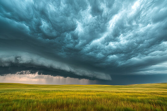 Dark storm clouds rolling over an open grassland field