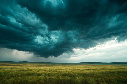 Dark storm clouds rolling over an open grassland field
