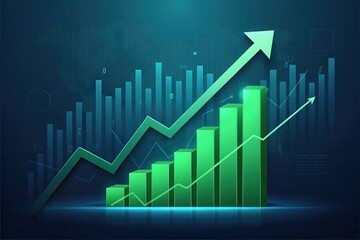Business development and dynamic growth for success. Growth chart with ascending green bars and arrows against a dark background, symbolizing progress and success.