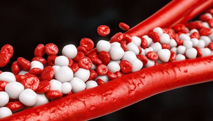 An artistic representation of blood vessels with red and white blood cells flowing through, illustrating human cardiovascular dynamics.
