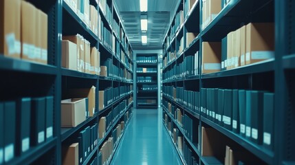 Fototapeta premium A narrow aisle between shelves filled with neatly organized boxes and files, illuminated by bright overhead lights in a storage or archive facility.