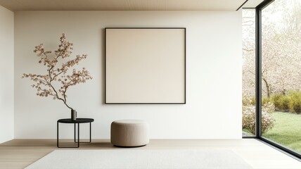 Minimalist living room interior with a neutral color palette, large window, and decorative plant.