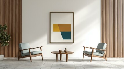 Minimalist living room with abstract art and cozy furniture, creating a stylish and comfortable ambience.