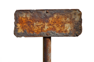 A rusted metal sign with a rectangular shape mounted on a pole against a white background outdoors scene