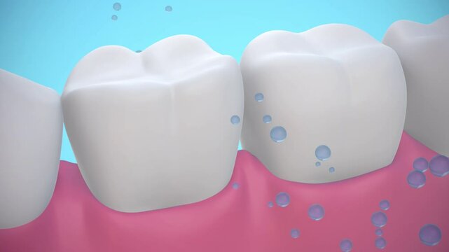 Concept health. Plenty bubbles fall down to help clean stains and bacteria that are clinging to teeth over a light blue background. Video for toothpaste products advertising. 3D render