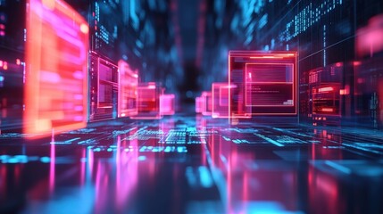 Fototapeta premium A futuristic digital landscape with glowing neon blocks and circuits, creating a vibrant, tech-inspired atmosphere.