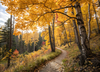 Fototapeta premium A magical forest landscape in autumn colors with yellow-orange leaves and a small path leading deep into it