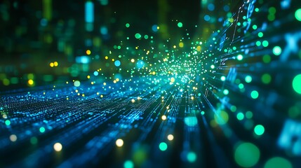 Abstract Digital Data Stream with Blue Lights, Abstract image of a digital data stream with blue lights on a dark background