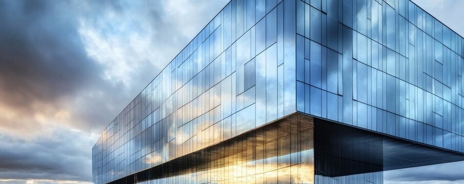 Modern architectural building with glass facade reflecting cloudy sky above