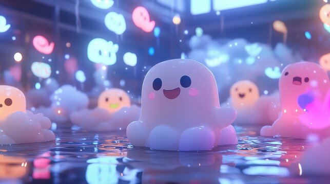 Cute cartoon octopus characters in a magical, glowing environment.