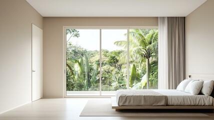 Fototapeta premium Modern bedroom with large window showcasing lush green view, minimalist design and serene ambiance.