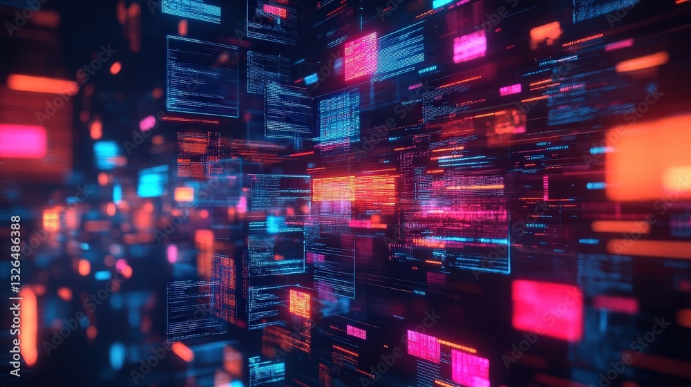 Poster a vibrant, abstract digital representation showcasing colorful data streams and code elements in a f