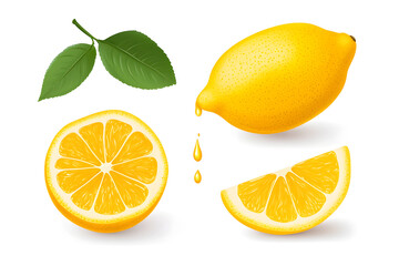 Fresh juicy lemon slice with dripping juice, citrus fruit illustration isolated on white background