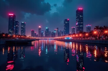 Fototapeta premium Exploring a vibrant city skyline illuminated by futuristic technology at night