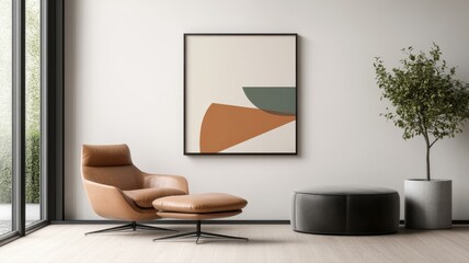 Modern interior with a minimalist chair, geometric artwork, and natural light.