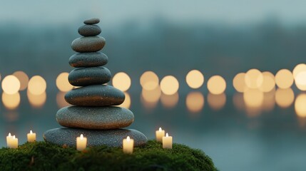 Obraz premium Serene Stack of Stones Surrounded by Soft Candlelight Glow