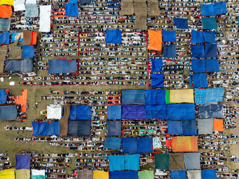 Aerial view of Bishwa Ijtema festival, an annual gathering of Muslims in Tongi, Gazipur, Dhaka, Bangladesh.