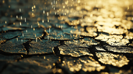 First drops of rain falling on cracked dry earth, concept of drought relief and climate change